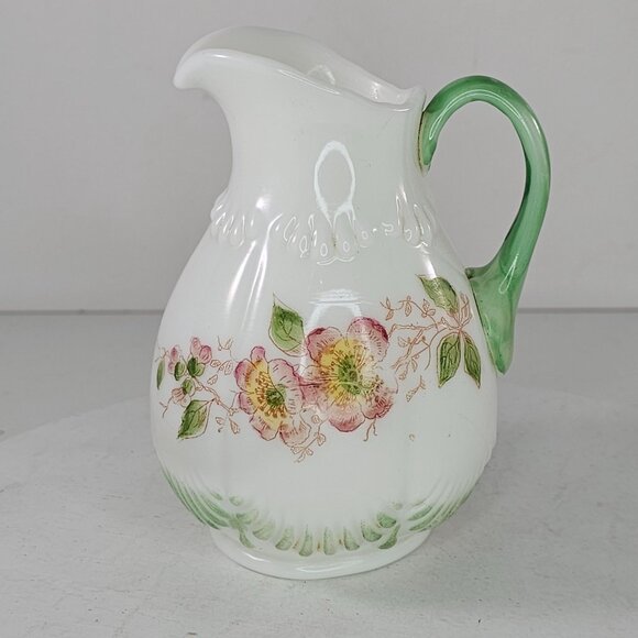 Antique Floral Porcelain Pitcher With Green Handle & Embossed Details - Picture 8 of 8